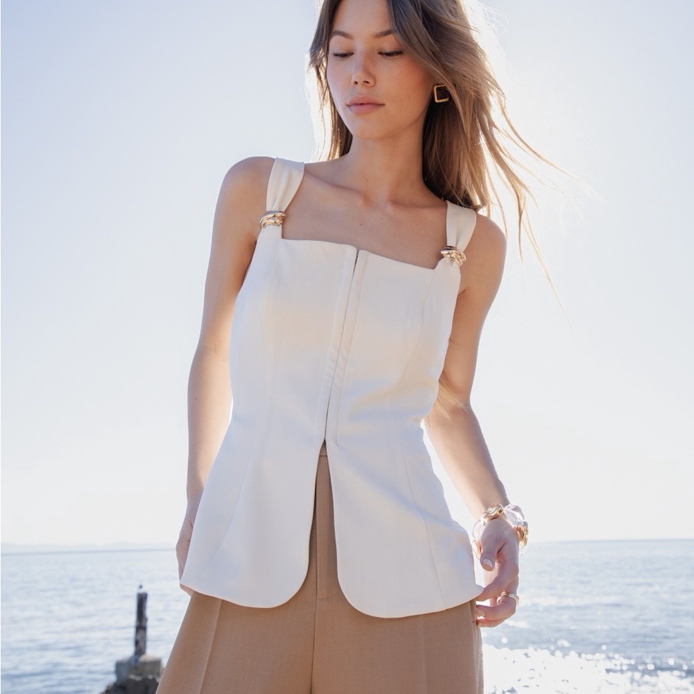 Cream Structured Vest Top Gold Hardware Tailored Sleeveless Minimalist Chic